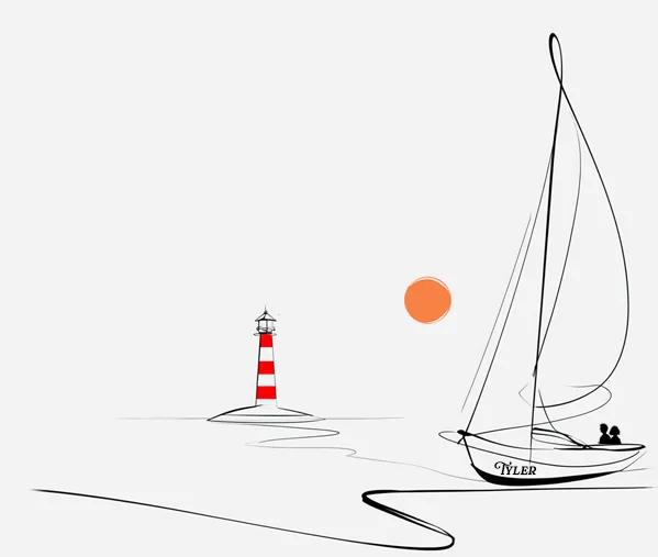 Flat blue illustration of a sailboat and lighthouse for the IPBoat web project