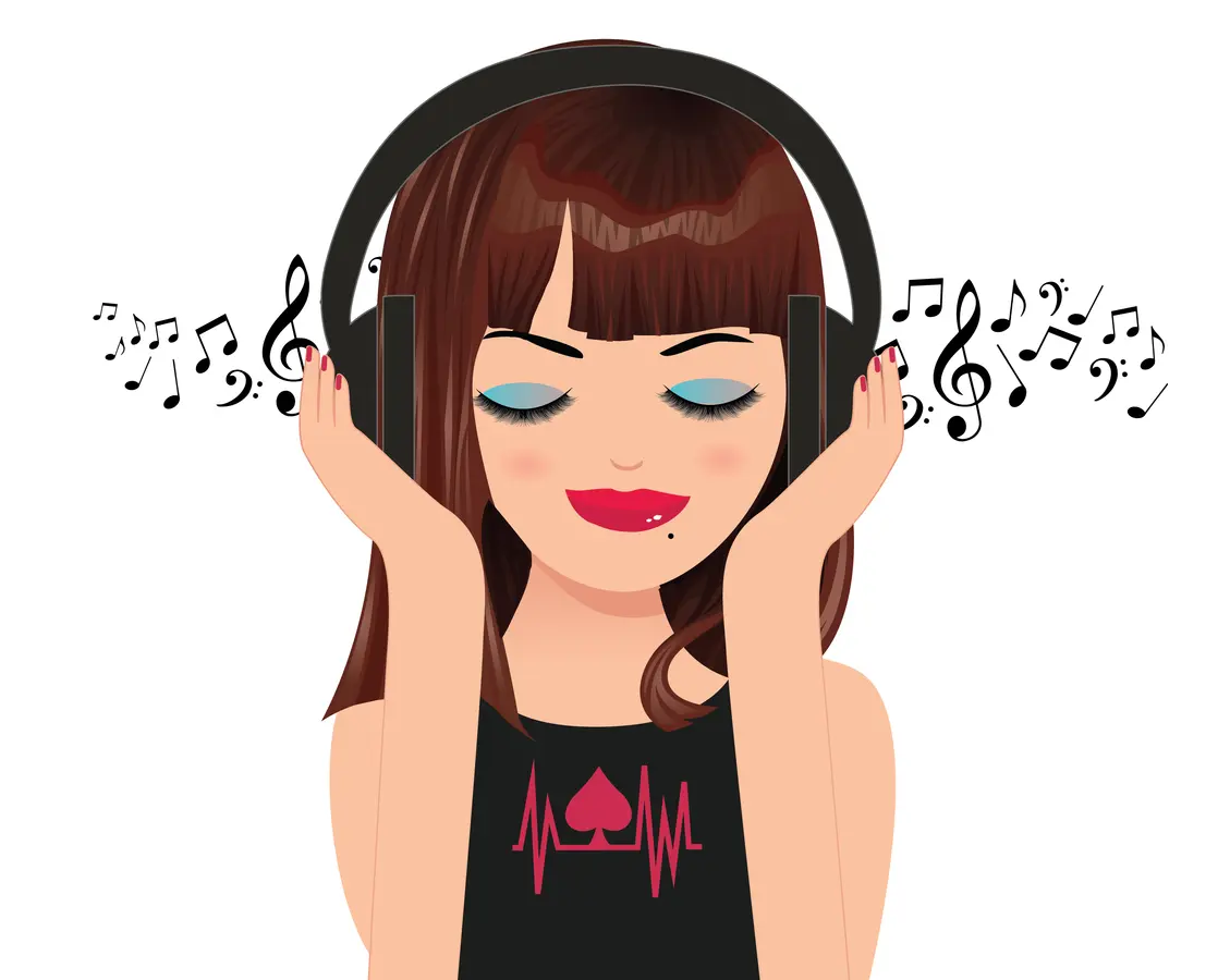 Flat character illustration of a woman listening to music on headphones