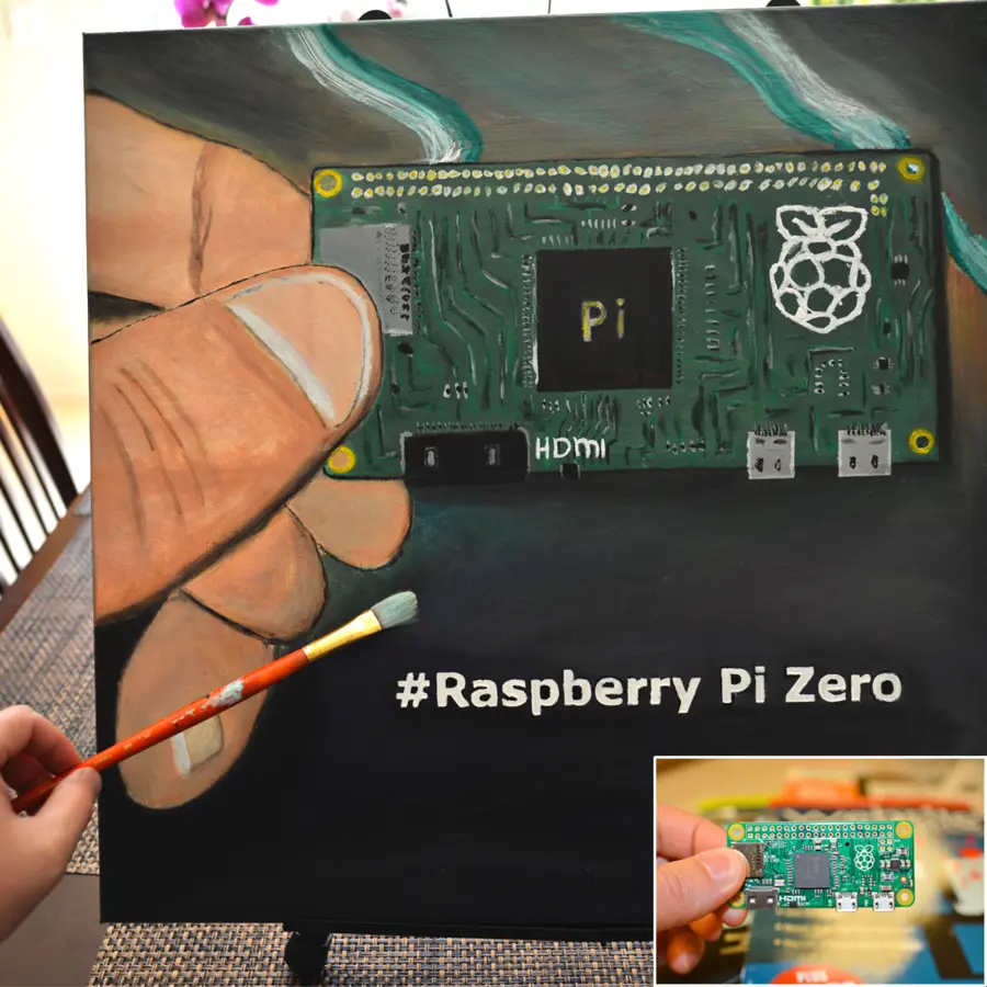 Mixed-media Raspberry Pi Zero artwork with electronics details