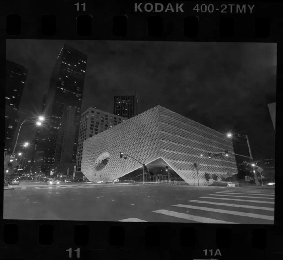 Black and white night photograph of The Broad museum in Los Angeles