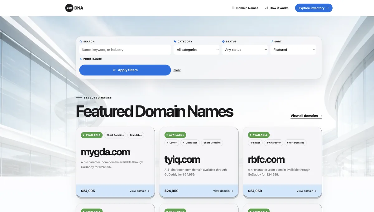 360DNA domain name marketplace homepage with featured premium listings