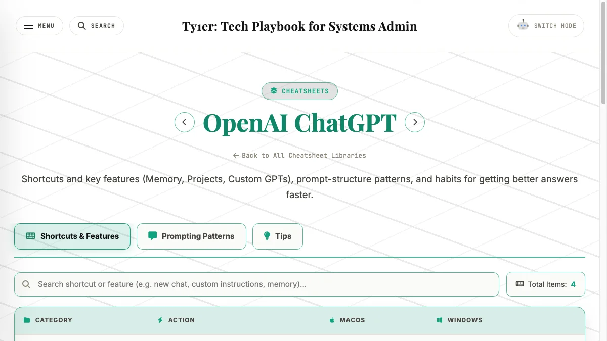 OpenAI ChatGPT cheatsheet page on ty1er.com