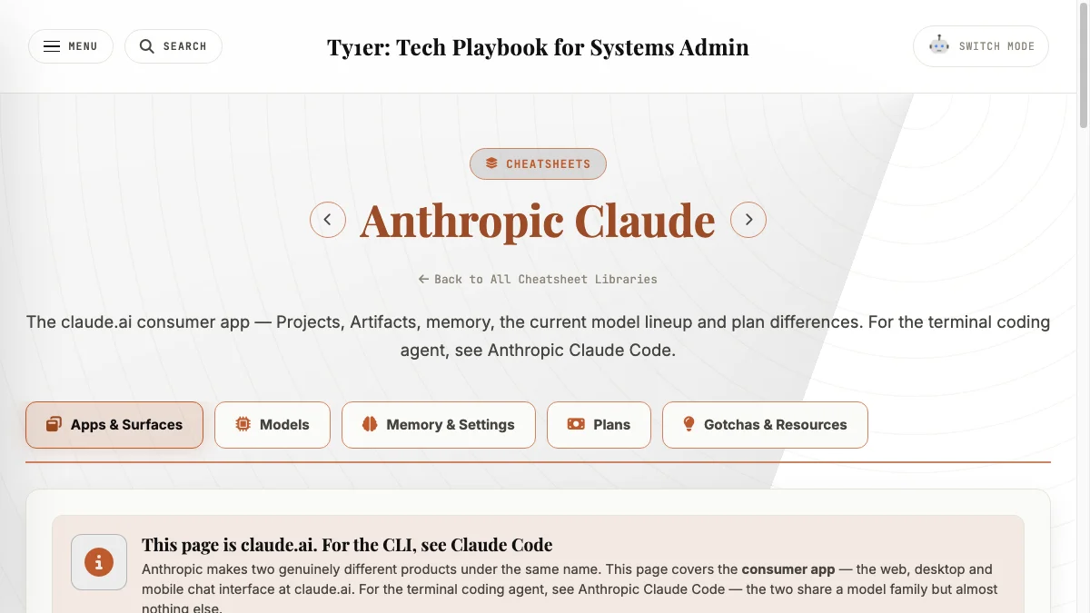 Anthropic Claude cheatsheet page on ty1er.com
